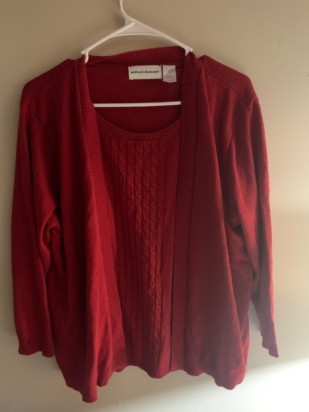 Alfred Dunner Deep Red Open-Front Cable Cardigan